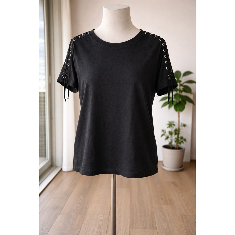 IRO Stepo Black Linen Lace Up Shoulder Tee Shirt Women’s XS Portugal Grommet Top